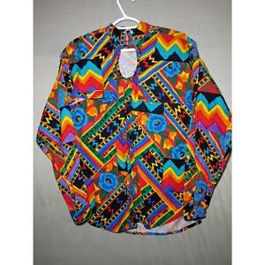 Vintage Wind Roper Shirt Womens M Band Collar Open Chest Aztec Floral Rodeo 90s